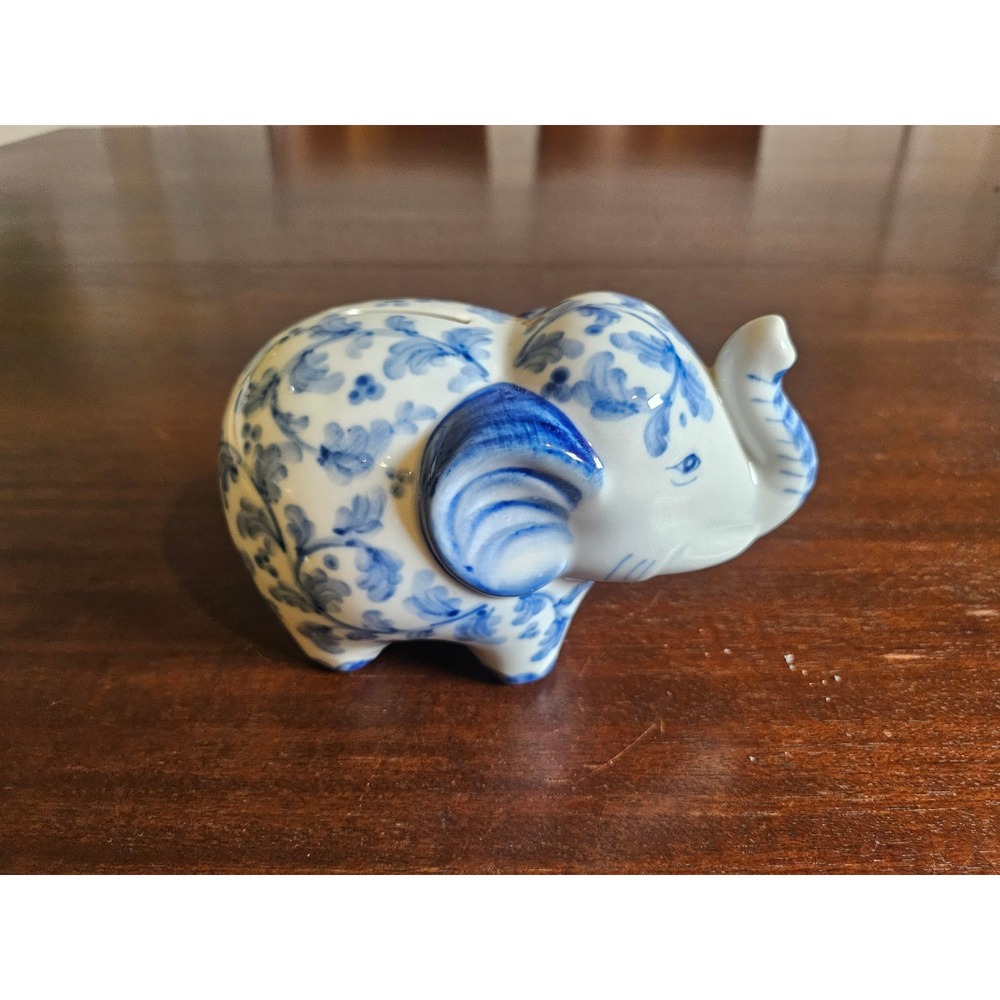Elephant Coin Bank Kids Small Blue White Floral Ceramic Chinoiserie